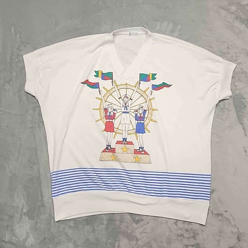 Vintage Sailor Shirt‎ Women XL White Nautical Graphic Oversized V-Neck Retro